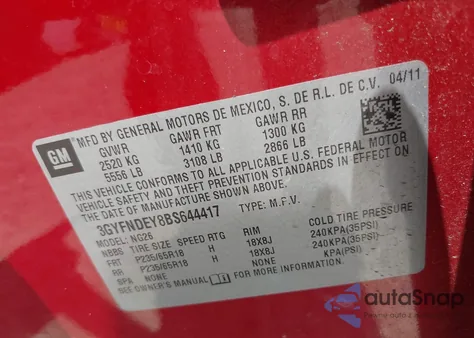 2011 Cadillac Srx Luxury Collection z USA, uszkodzony, nr VIN 3GYFNDEY8BS644417